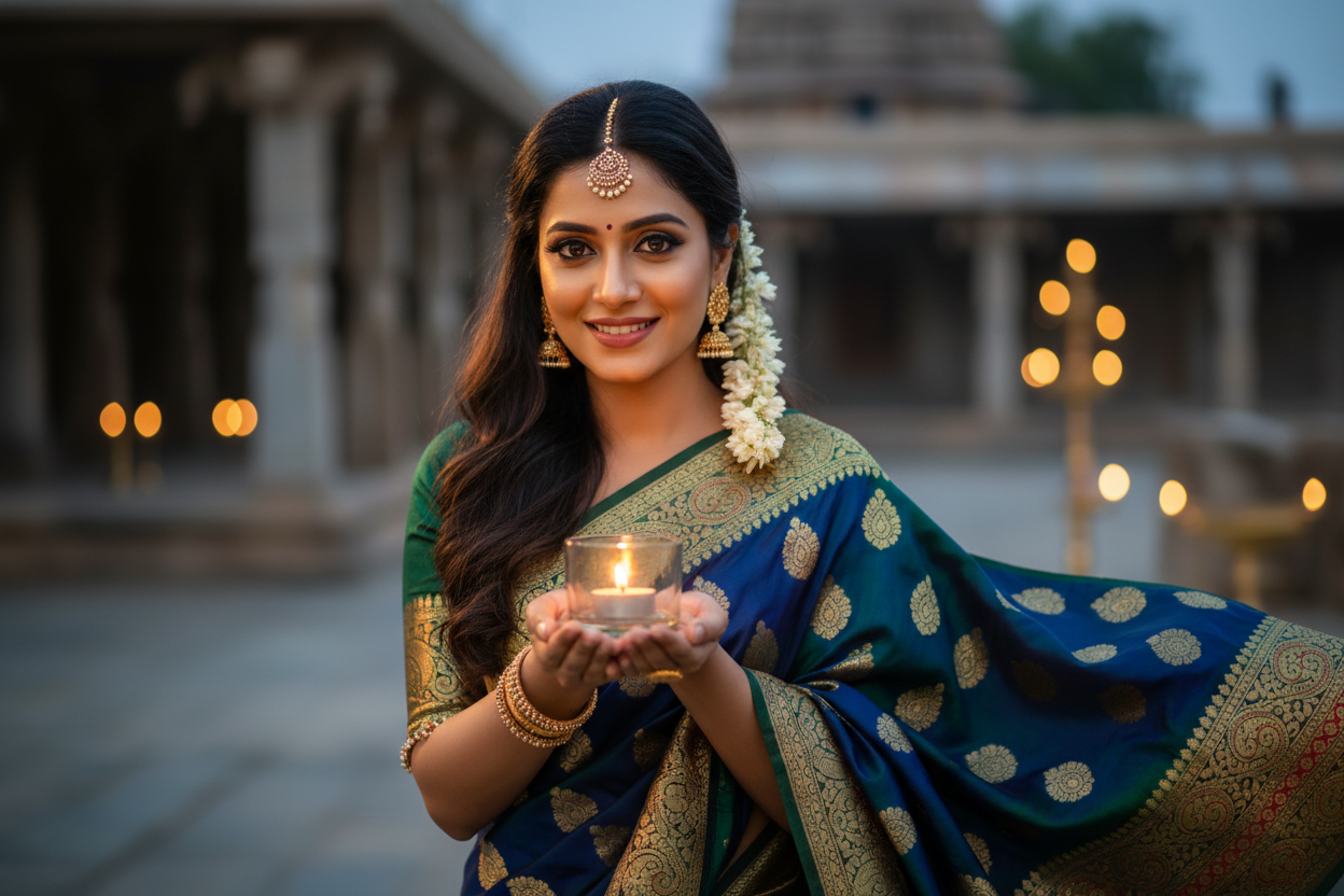 gorgeous indian women wearing saree hold tealight candle in her hand 